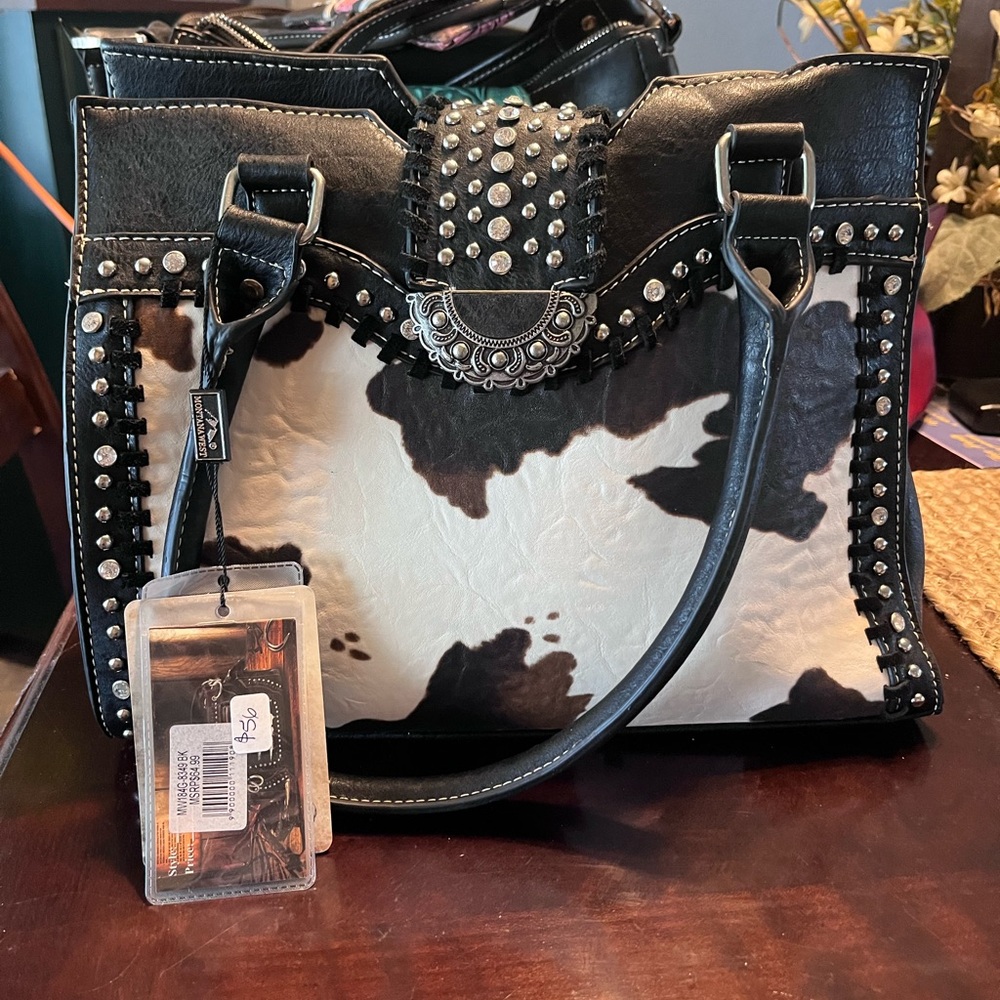 Montana West Black and White Cowhide Studded Women's Bag